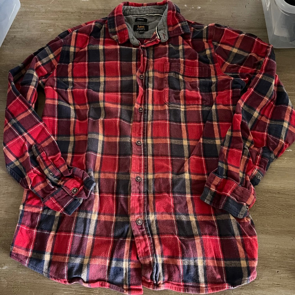 Lee Mens XLT Stretch Flannel Plaid Button Down Shirt Red Navy Gorpcore Work